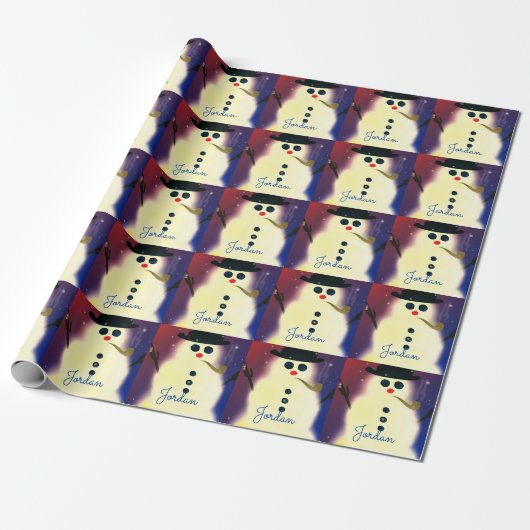 Gepersonaliseerd kerstfeest met gloed Snowman Cadeaupapier (Uitgerold)