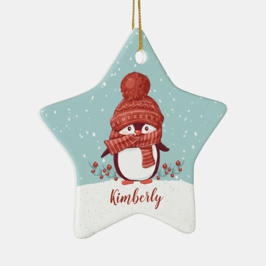 Gepersonaliseerd kerstfeest met pinguïn keramisch ornament (Rechts)