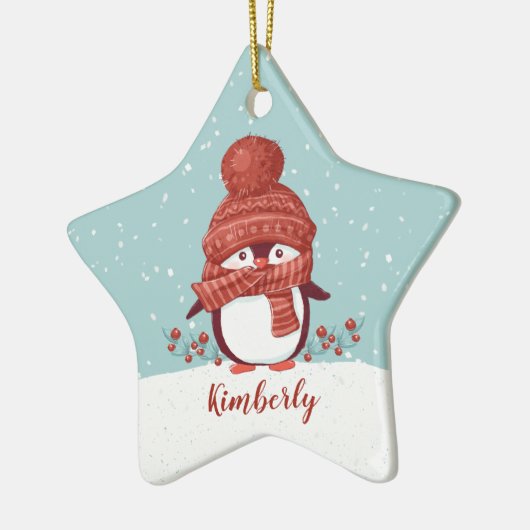 Gepersonaliseerd kerstfeest met pinguïn keramisch ornament (Links)