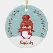 Gepersonaliseerd kerstfeest met pinguïn keramisch ornament (Voorkant)