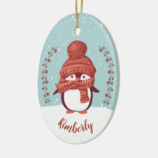 Gepersonaliseerd kerstfeest met pinguïn keramisch ornament (Links)