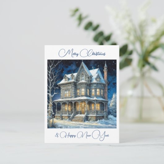 Gepersonaliseerd Kersthuis op een sneeuwnacht Briefkaart (Staand voorkant)