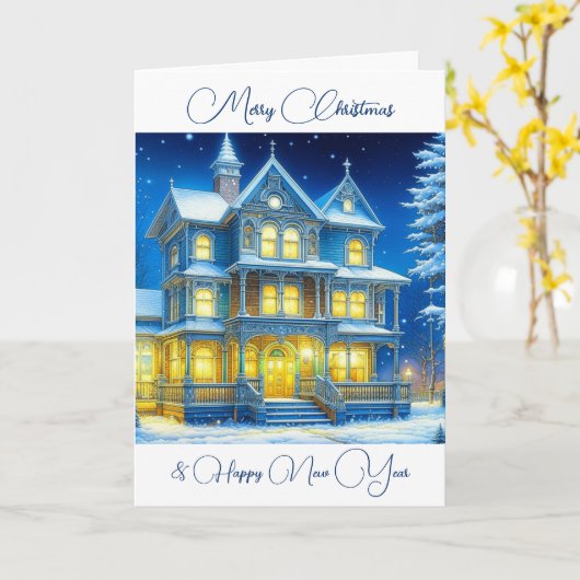 Gepersonaliseerd Kersthuis op een sneeuwnacht Kaart (Gele Bloem)
