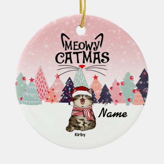 Gepersonaliseerd kerstkerstfeest, Meowy Xmas Ce Keramisch Ornament (Voorkant)