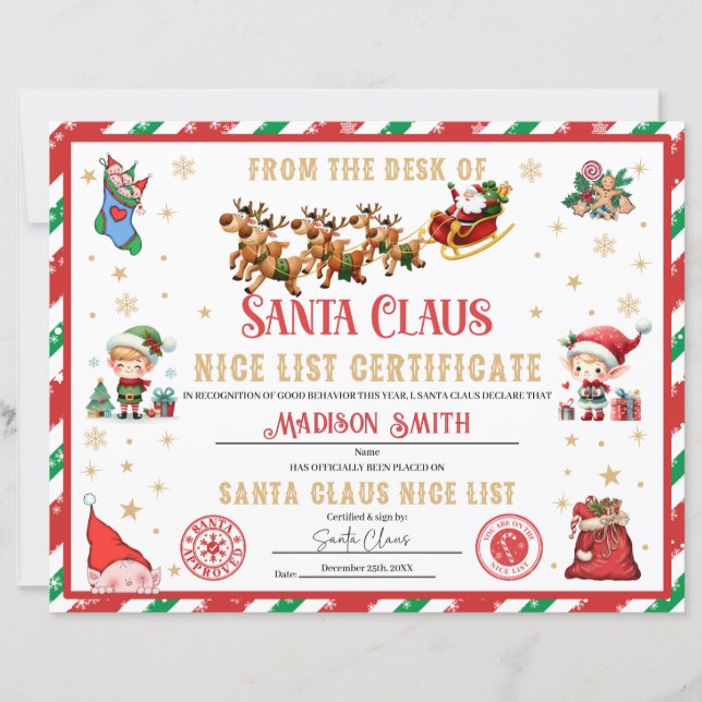 Gepersonaliseerd Kerstman Officiële Nice List Cert (Voorkant)