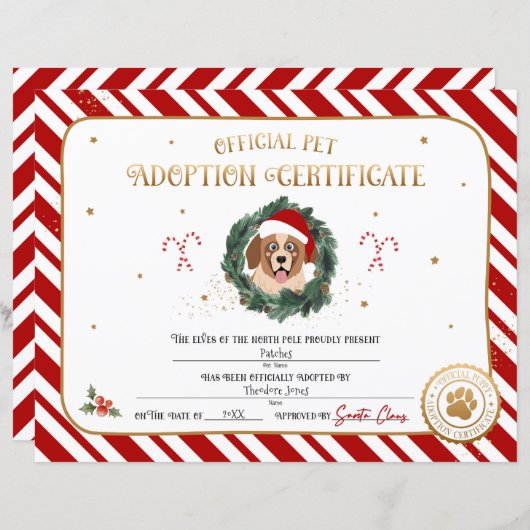 Gepersonaliseerd Kerstmis Puppy Adoption Certifica (Voorkant / Achterkant)