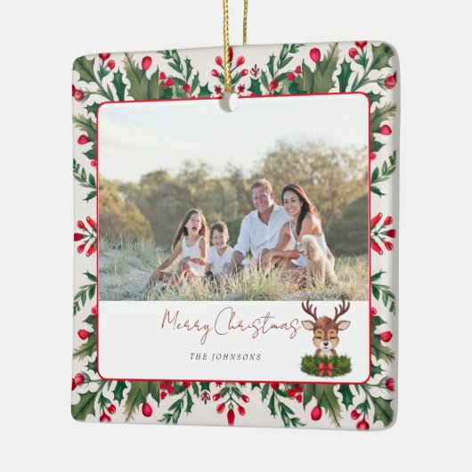 Gepersonaliseerd kerstrendier keramisch ornament (Links)