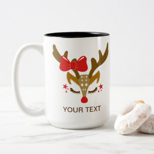 Gepersonaliseerd kerstrendiergezicht tweekleurige koffiemok
