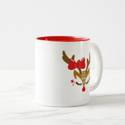 Gepersonaliseerd kerstrenrendiergezicht tweekleurige koffiemok (Voorkant rechts)