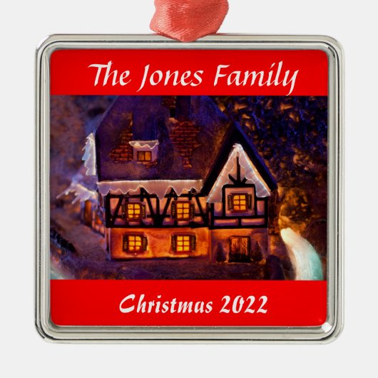 Gepersonaliseerd kerstsierverlicht huis metalen ornament (Voorkant)