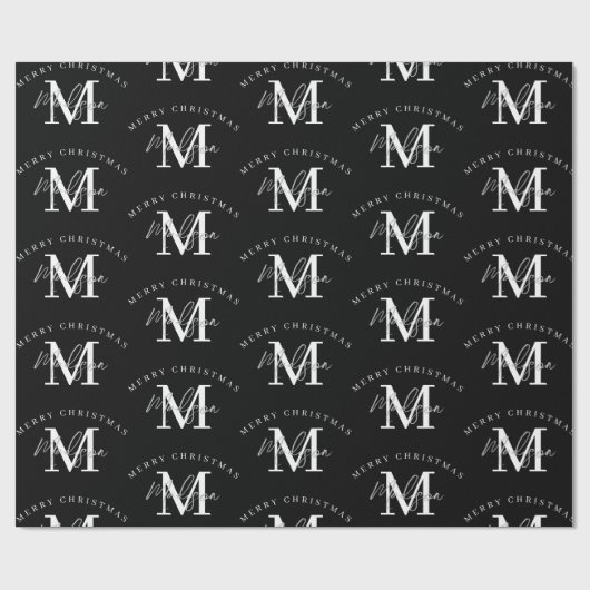 Gepersonaliseerd kerstzwart wit monogram cadeaupapier (Vlak)