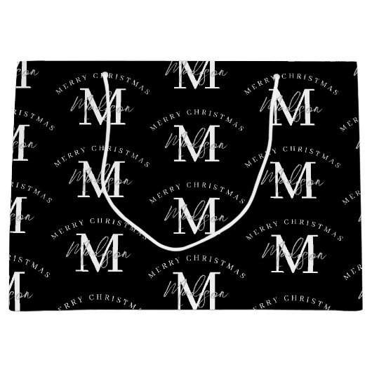 Gepersonaliseerd kerstzwart wit monogram groot cadeauzakje (Voorkant)