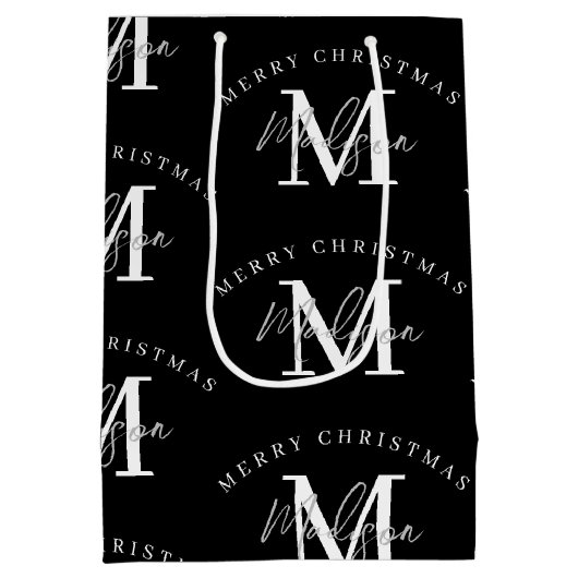 Gepersonaliseerd kerstzwart wit monogram medium cadeauzakje (Achterkant)