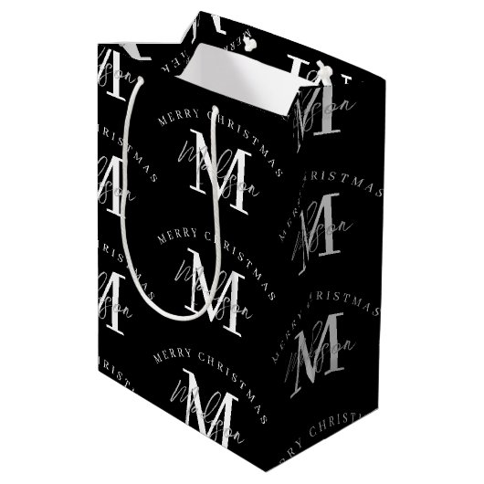 Gepersonaliseerd kerstzwart wit monogram medium cadeauzakje (Achterkant Gekanteld)