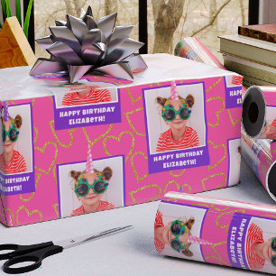 Gepersonaliseerd Kind Foto Happy Birthday Eenhoorn Cadeaupapier