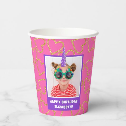 Gepersonaliseerd Kind Foto Happy Birthday Eenhoorn Papieren Bekers (Achterkant)