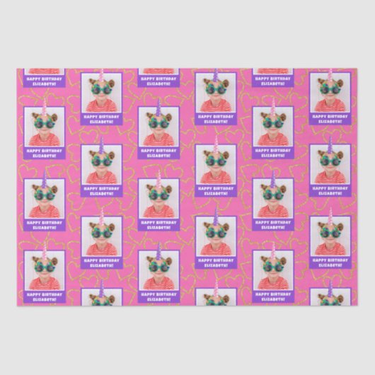 Gepersonaliseerd Kind Foto Happy Birthday Eenhoorn Tissuepapier (Voorkant)