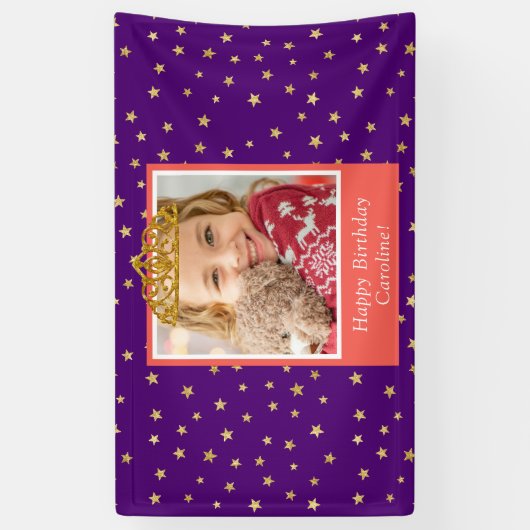 Gepersonaliseerd Kind foto Happy Birthday Gold Cro Spandoek (Verticaal)