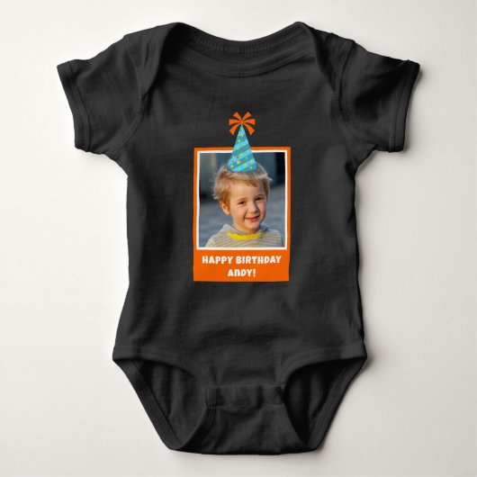 Gepersonaliseerd Kind Foto Happy Birthday w / Blue Romper (Voorkant)