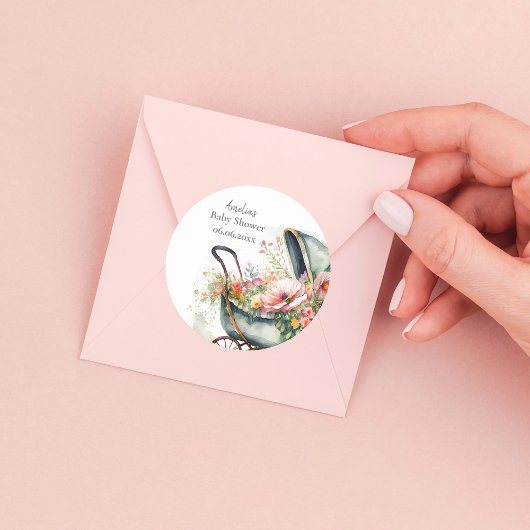 Gepersonaliseerd  kinderwagen Baby shower Ronde Sticker