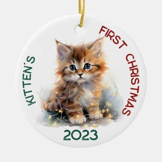Gepersonaliseerd kitten's eerste kerstontwerp keramisch ornament (Voorkant)