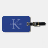 Gepersonaliseerd klassiek blauw monogram bagagelabel (Voorkant horizontaal)