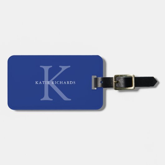 Gepersonaliseerd klassiek blauw monogram bagagelabel (Voorkant horizontaal)