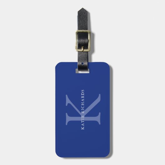 Gepersonaliseerd klassiek blauw monogram bagagelabel (Voorkant verticaal)
