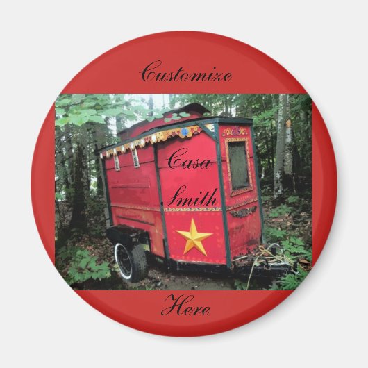 Gepersonaliseerd kleine caravan met rode zigeuner magneet (Voorkant)