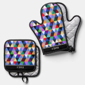 Gepersonaliseerd kleurig geometrisch patroon ovenwant & pannenlap set (Voorkant / Achterkant)