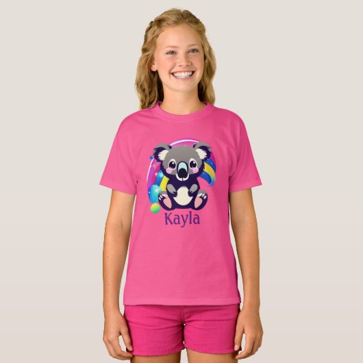 Gepersonaliseerd Koala Beer en regenboog T-shirt (Voorkant volledig)