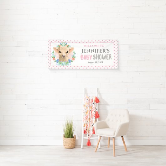 Gepersonaliseerd Koe Roze Floral Baby shower Spandoek (Insitu)