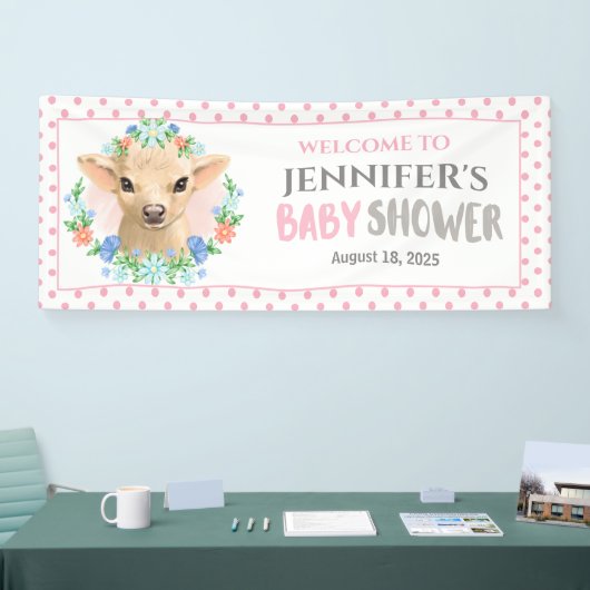 Gepersonaliseerd Koe Roze Floral Baby shower Spandoek (Beurs)
