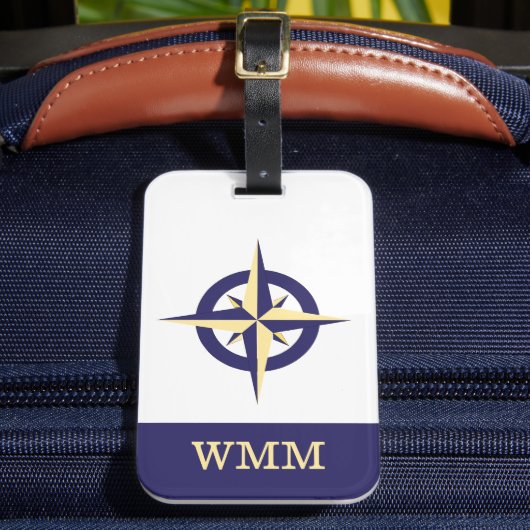 Gepersonaliseerd Kompas Roos Blauw & Goud Bagagela Bagagelabel (Voorkant Insitu 2)