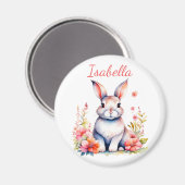 Gepersonaliseerd konijntje in roze bloemen magneet (Voorkant / Achterkant)