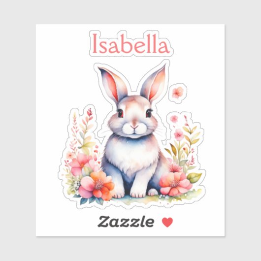 Gepersonaliseerd konijntje in roze bloemen sticker (Vel)