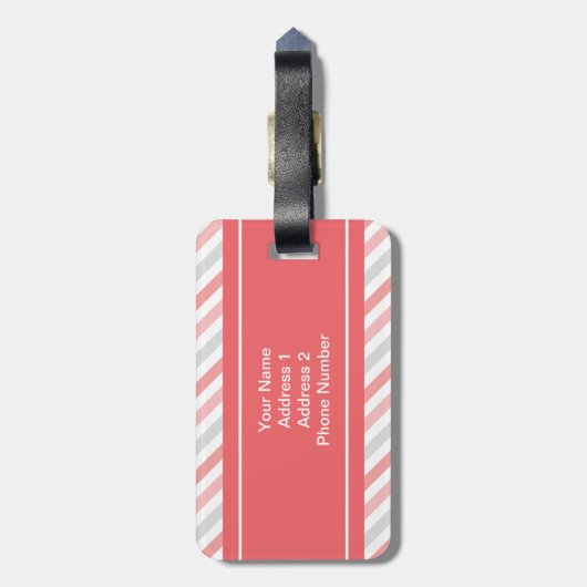 Gepersonaliseerd koraal roze grijze strips patroon bagagelabel (Achterkant verticaal)