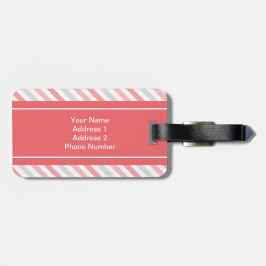 Gepersonaliseerd koraal roze grijze strips patroon bagagelabel (Achterkant horizontaal)