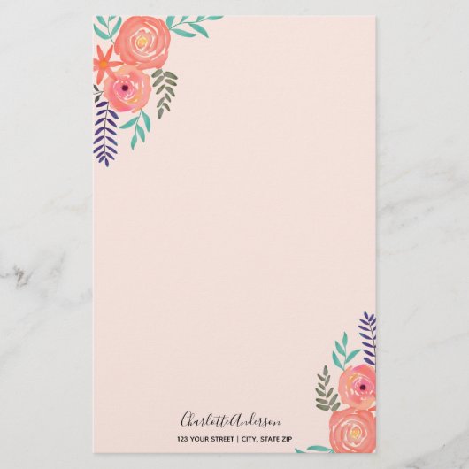Gepersonaliseerd koraalroze Waterverf Bloem Bouque Briefpapier (Voorkant)