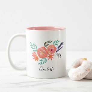 Gepersonaliseerd koraalroze Waterverf Bloem Bouque Tweekleurige Koffiemok