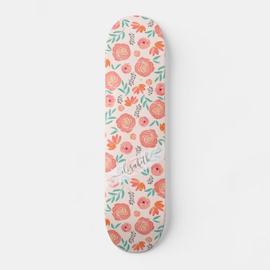 Gepersonaliseerd Koraalroze Waterverf Bloempatroon Persoonlijk Skateboard (Voorkant)