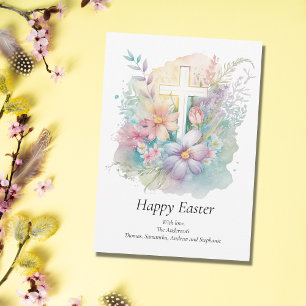 Gepersonaliseerd kruis bloemrijk pastel religieus feestdagenkaart