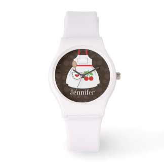 Gepersonaliseerd Leuk Bruin en Rood Keuken Schort Horloge