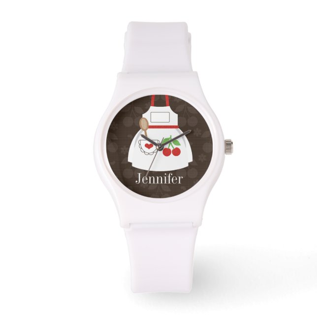 Gepersonaliseerd Leuk Bruin en Rood Keuken Schort Horloge (Voorkant)