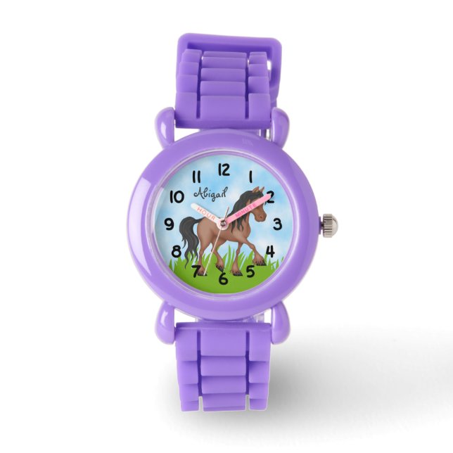 Gepersonaliseerd Leuk Bruin en Zwart Paard Horloge (Voorkant)