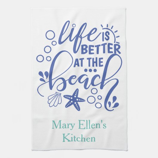 Gepersonaliseerd 'Leven is beter bij strand blauw Theedoek (Verticaal)
