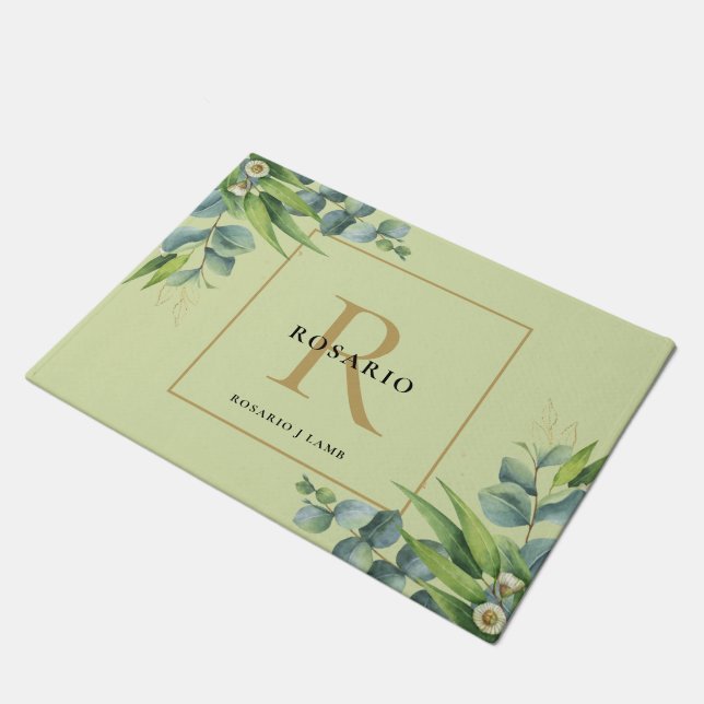 Gepersonaliseerd licht olijf groen goud monogram deurmat (Schuin)