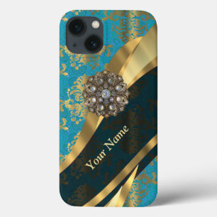 Gepersonaliseerd lichtblauw damast patroon Case-Mate iPhone case