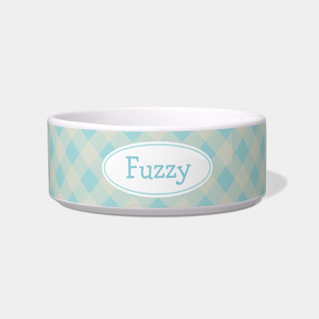 Gepersonaliseerd lichtblauw Gingham Pet Bowl Voerbakje (Voorkant)