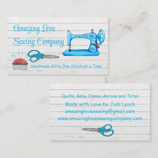 Gepersonaliseerd lichtblauwe naaimachine 3 visitekaartje (Voorkant / Achterkant)